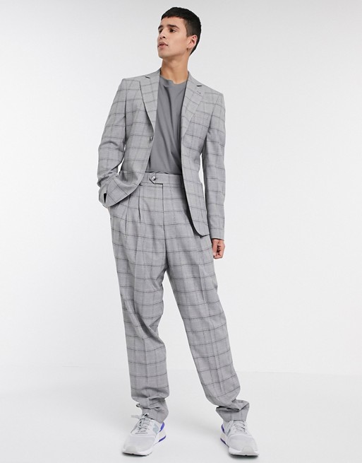 New Fashion Gray Check Plaid Men's Suit Wedding Tuxedo Formal Slim Fit One Button Groom Prom Dinner Blazer Suits(Jacket+Pants)