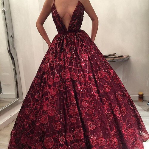 2019 Red Prom Dresses A Line Lace Appliqued Sequins Spaghetti Deep V Neck Floor Length Evening Dress Custom Made Special Occasion Gowns