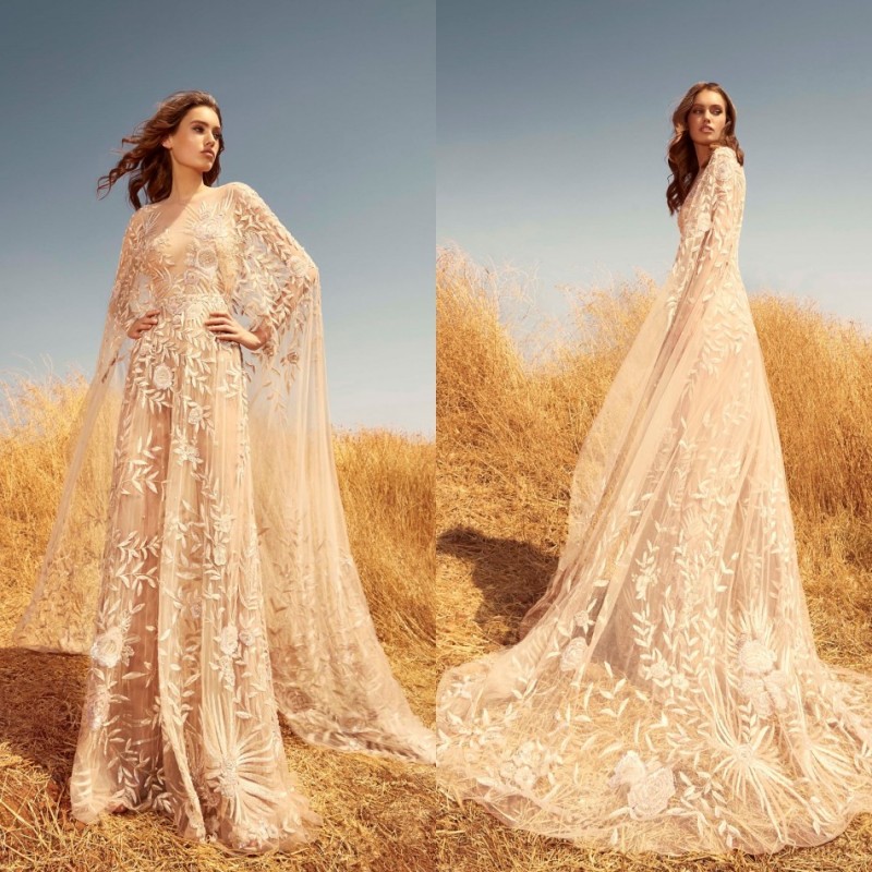 Zuhair Murad 2020 A Line Wedding Dresses With Wrap Long Sleeve Lace Boho Illusion Bridal Gowns Sweep Train Beach Wedding Dress