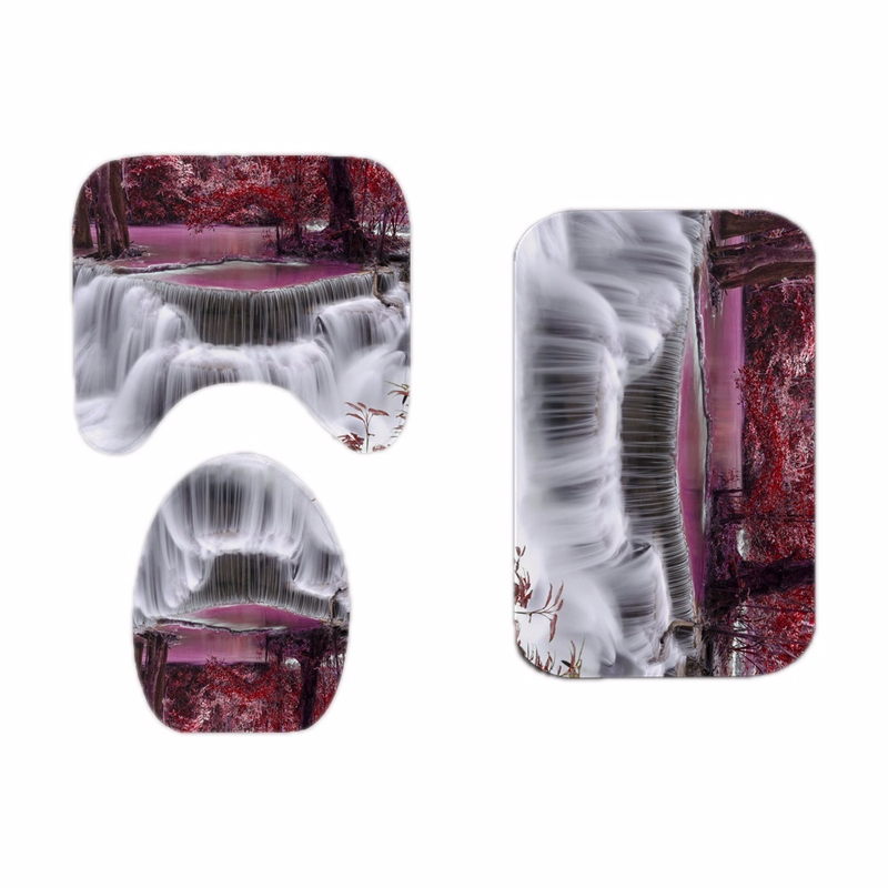 Beautiful Waterfall Red Tree Shower Curtain Set Waterproof Bathroom Curtains Carpet Non-slip Mats Pedestal Rug Toilet Seat Cover