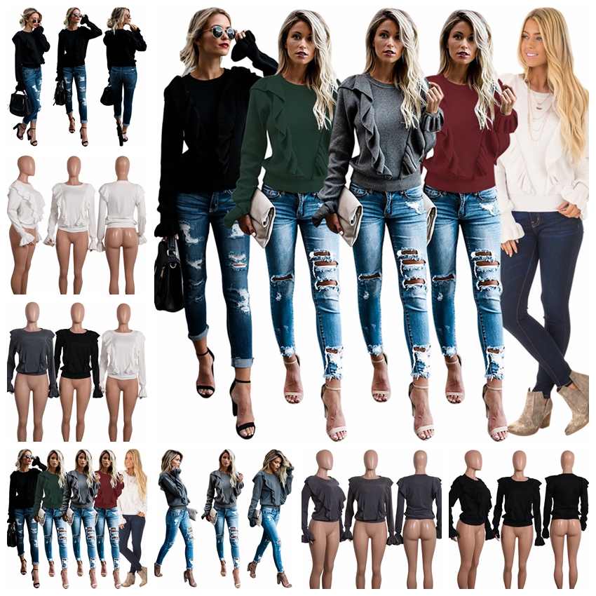 European leisure women's long-sleeved shirt wooden ear trumpet sleeve T-shirt white gray black self-supported mixed batch