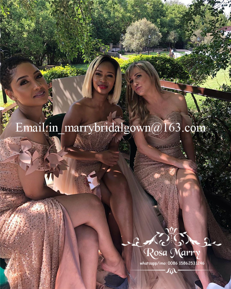 Rose Gold Sequined Mermaid African Bridesmaids Dresses 2020 Mix Style Plus Size Country Beach Maid Of Honors High Split vestidos de madrinha