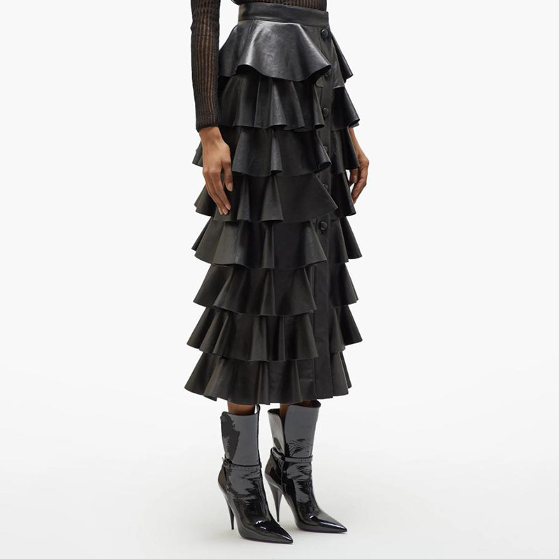 Tiered Leather Skirt High Waist Autumn Winter High Quality Faux Leather Long Maxi Skirt Women Street