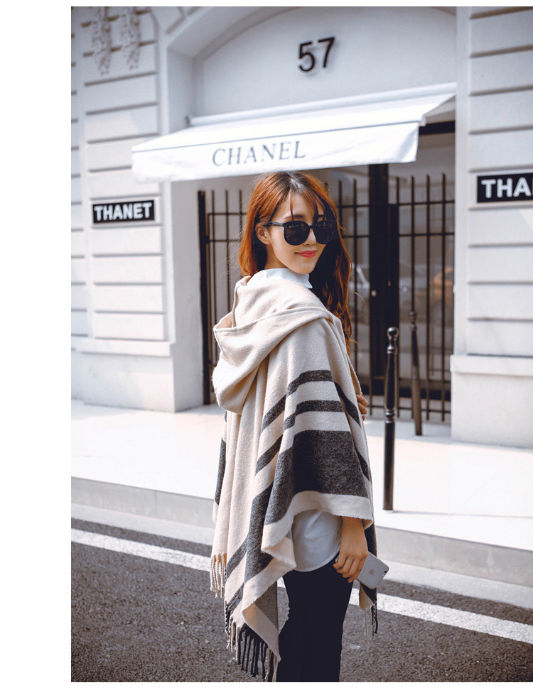 Fashion-Women's Wool Hooded Poncho with Hat Winter Scarves Black Beige Colors