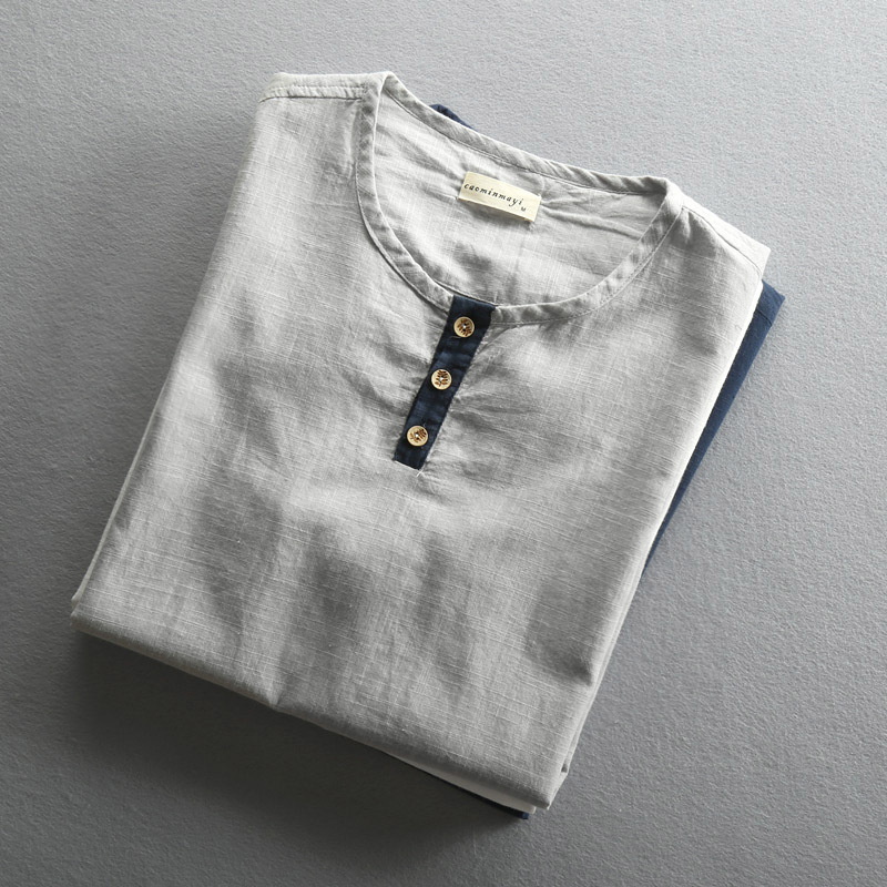 Schinteon Men Casual Cotton Linen Shirt Pullover Summer Thin Short Sleeve ONeck Collar Comfortable New Chinese Style