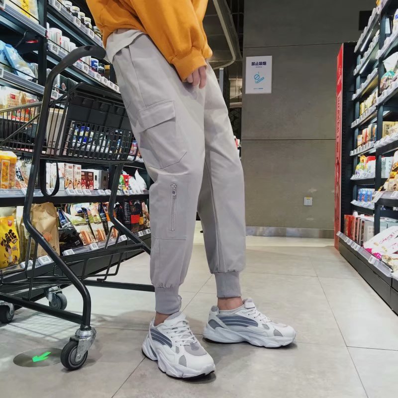 ZK Harajuku Men Off Zipper White Cargo Pants 2019 Hip Hop Multi Pockets Baggy Harem Jogger Pants Male Casual Streetwear Trousers