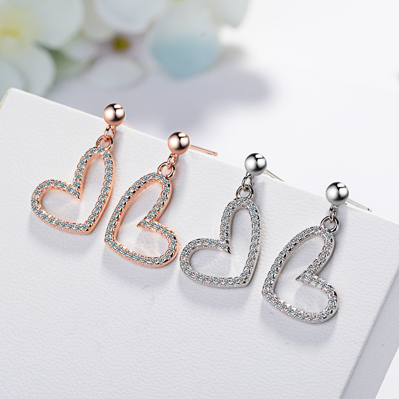 Wholesale- high quality rose gold rhinestone earrings for women silver stud earring cute heart shape fashion jewelry