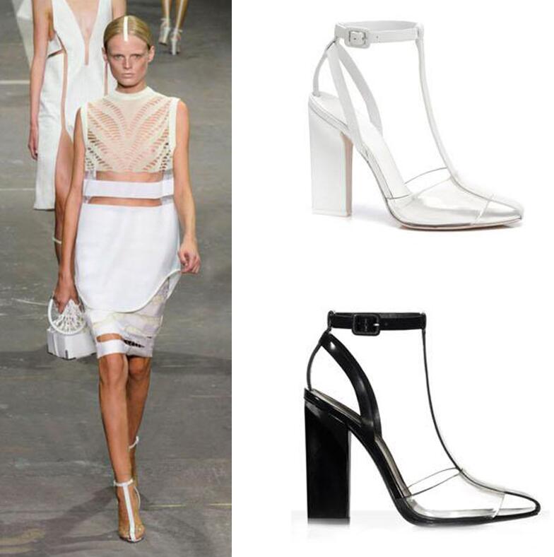 Hot Sale-PVC Sandals Women T-strap Block High Heels Gladiator Ankle Strap Sandles Runway Show Shoes Women Summer