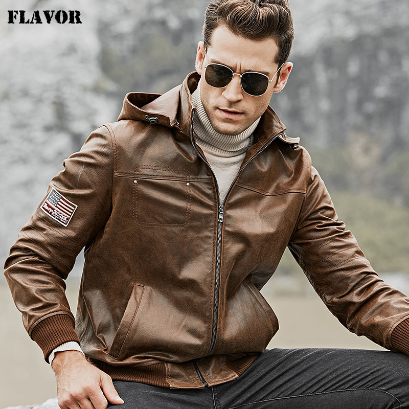 FLAVOR Men's Real Leather Jacket Men Pigskin Motorcycle Leather Coat with Removable Hood, Brown
FLAVOR Men's Real Leather Jacket Men Pigskin Motorcycle Leather Coat with Removable Hood, Brown