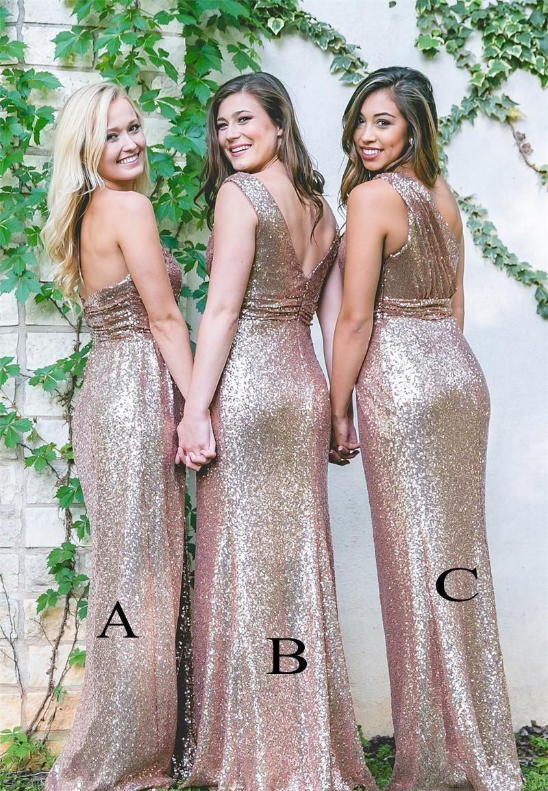 Cheap Rose Gold Long Bridesmaid Dress 2019 Sequins Summer Country Garden Formal Wedding Party Guest Maid of Honor Gown Plus Size Custom Made