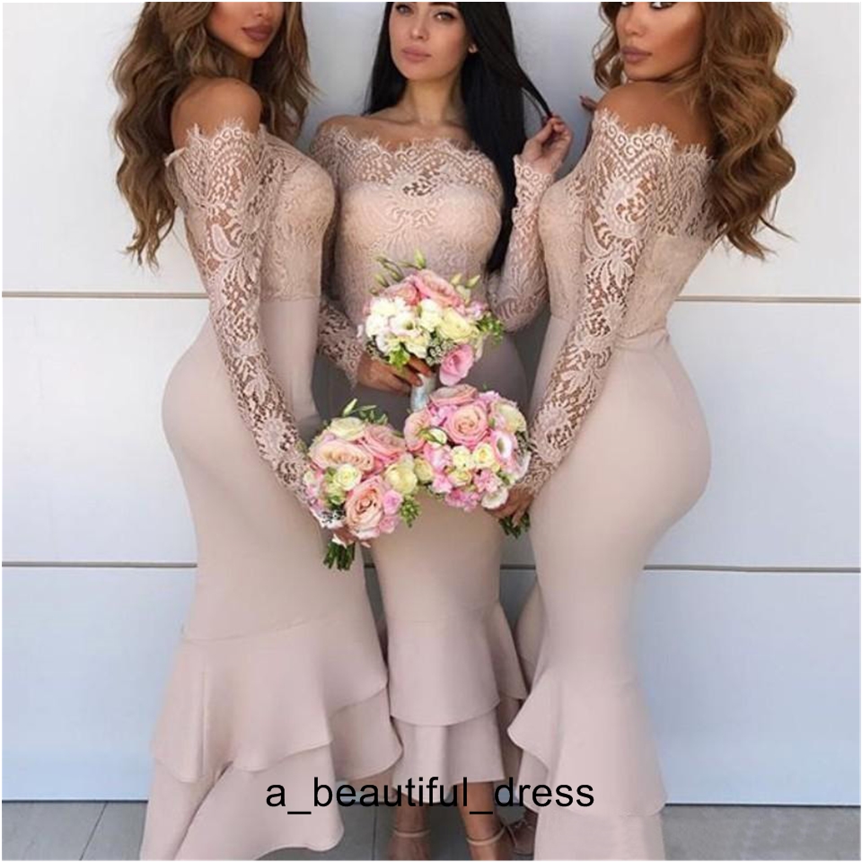 Evening Dresses Bridesmaid Dresses Off Shoulder Lace Appliques Illusion Long Sleeves Tiered Ruffles Guest Dress Maid Of Honor Gowns ED1258