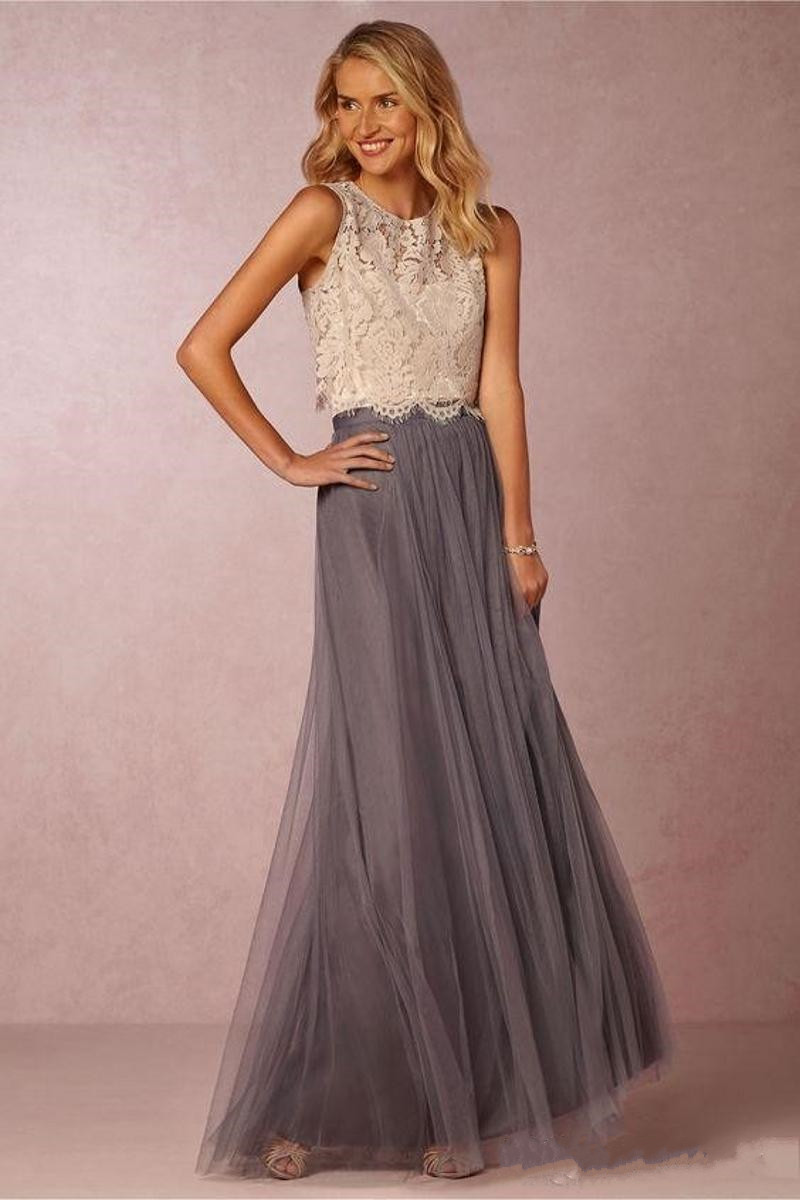 2019 New Trends Two Pieces Bridesmaid Dresses Lace Bodice Tulle Skirt Burgundy Grey Mint Sheer Crew Neck Full Length Elegant Prom Dresses