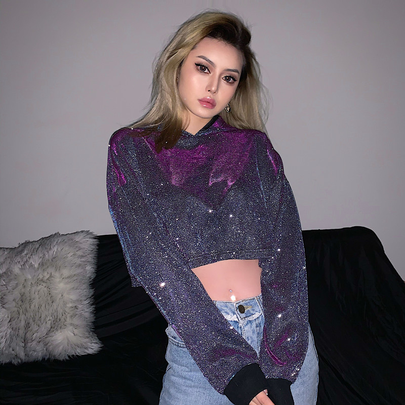 OM Trendy Museum Europe and America chic hip-hop bright silk hooded female short section exposed navel loose wild shirt, Blue
OM Trendy Museum Europe and America chic hip-hop bright silk hooded female short section exposed navel loose wild shirt, Blue