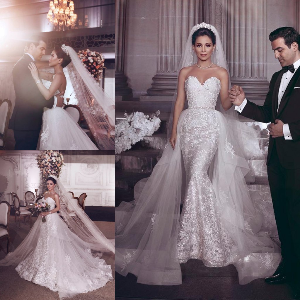Gorgeous Mermaid Wedding Dresses Luxury Lace Sequined Beads Plus Size Bridal Gowns With Detachable Train Vintage vestidos De Novia