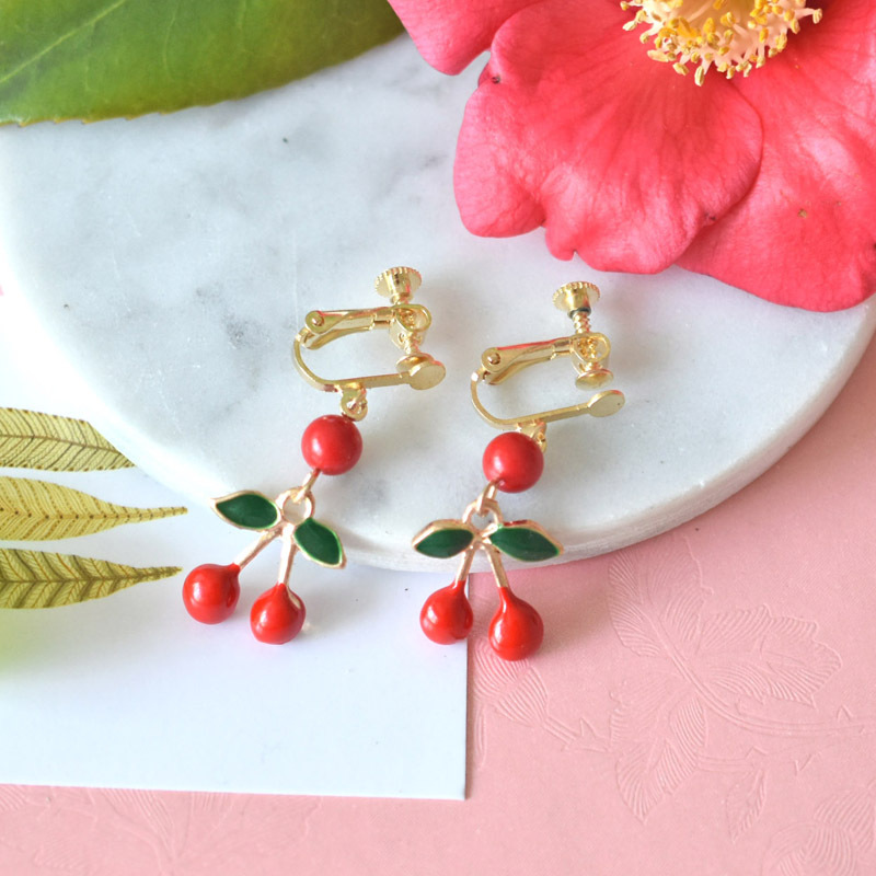 Fashion-Earrings For Women 925 Silver Fruit Ear Studs Long Cherry Earrings Clips Enamel Jewlery Wholesale
