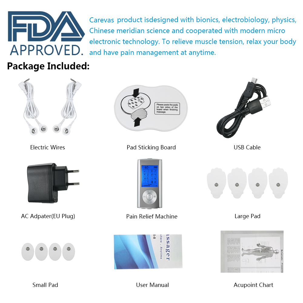 Carevas Massager Rechargeable Electric Machine 8 Modes Tens Unit Portable Pulse Massager Muscle Stimulator Therapy Body