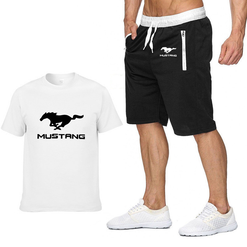 Mens Short sleeve Mustang car Logo Summer Mens t Shirt Harajuku T-Shirt high quality Cotton T Shirts shorts suit 2Pcs Sportswear T200224