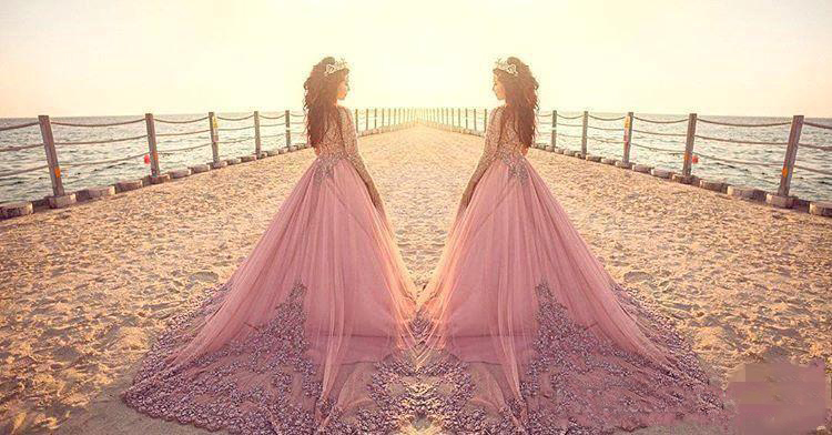Ball Gown Long Sleeves Evening Dresses Princess Muslim Sequins Beaded Illusion Puffy Court Train Prom Dresses Red Carpet Runway Gowns