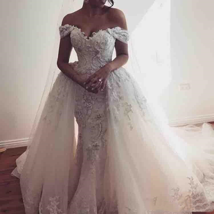 Overskirts Off Dresses The Shoulder Lace Appliques Tulle Wedding Dress With Detachable Train Formal Wear Country Bridal Gowns