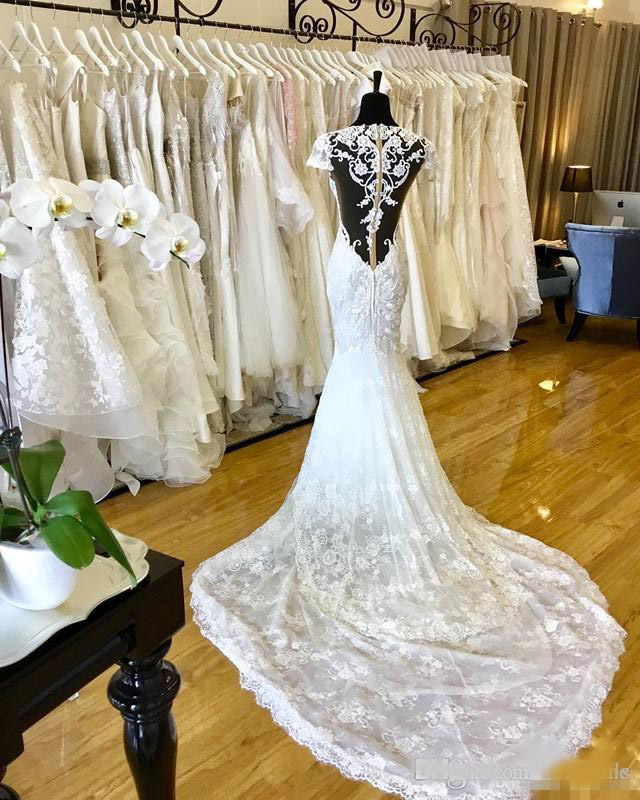 Custom Made Lace Mermaid Wedding Dresses Real Picture 2020 Plunging V Neck See Through Backless Bridal Gowns with Court Train