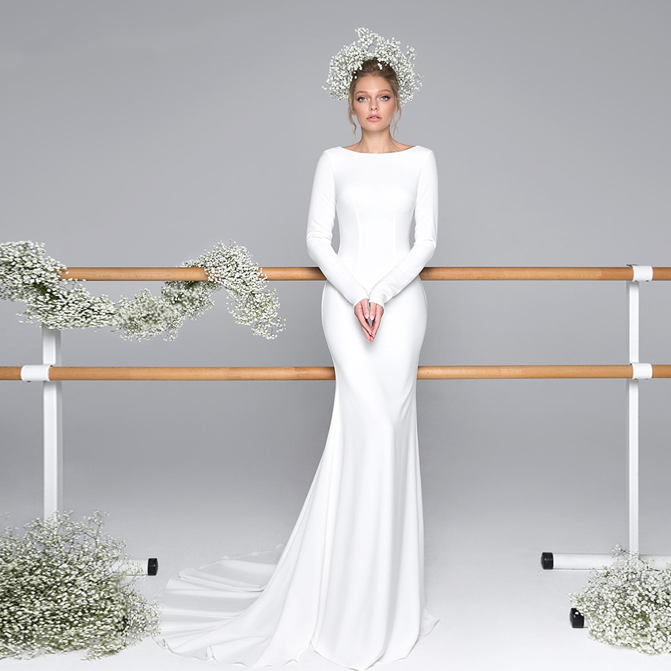 Scoop Satin Sexy Backless Mermaid Wedding Dress 2020 New Vintage Long Sleeve Simple Wedding Gowns Vestido De Novia
