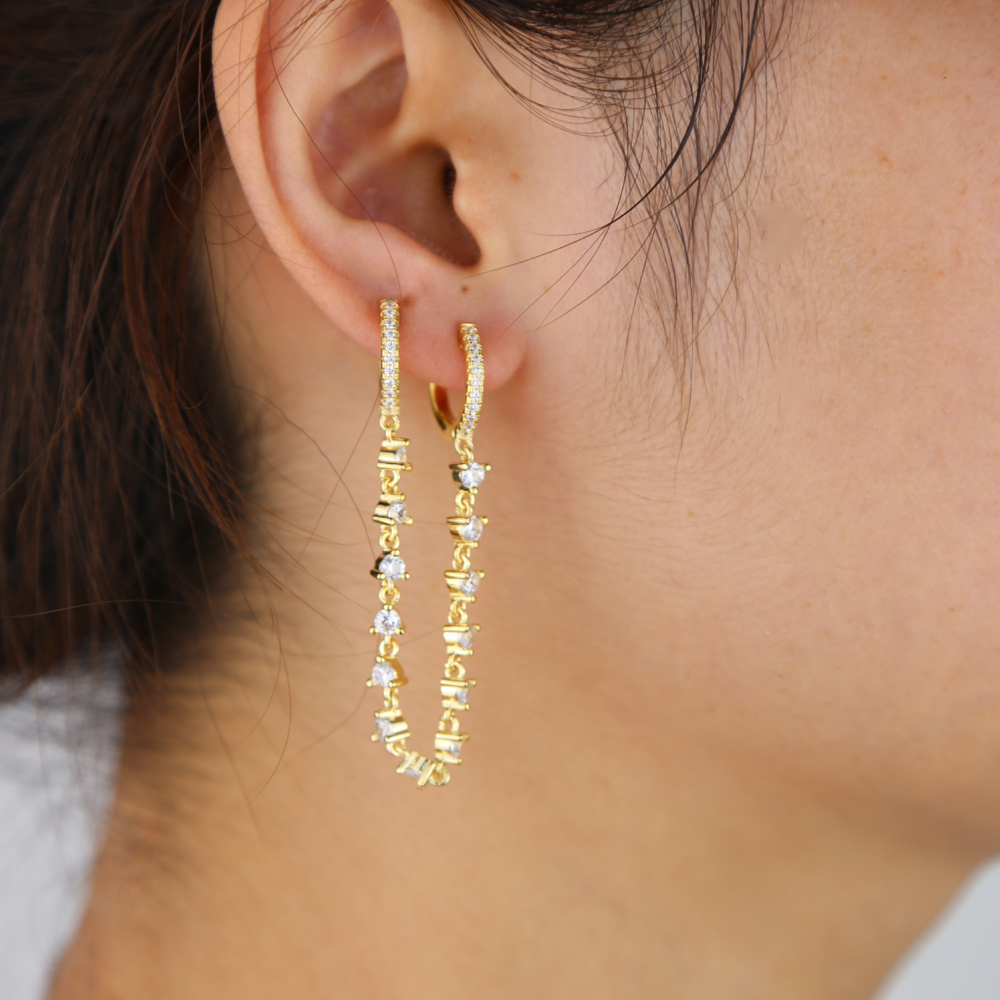 double piercing 2 hole tassel chain mini cz hoop earring prong setting cz tennis chain fashion women jewelry T200225