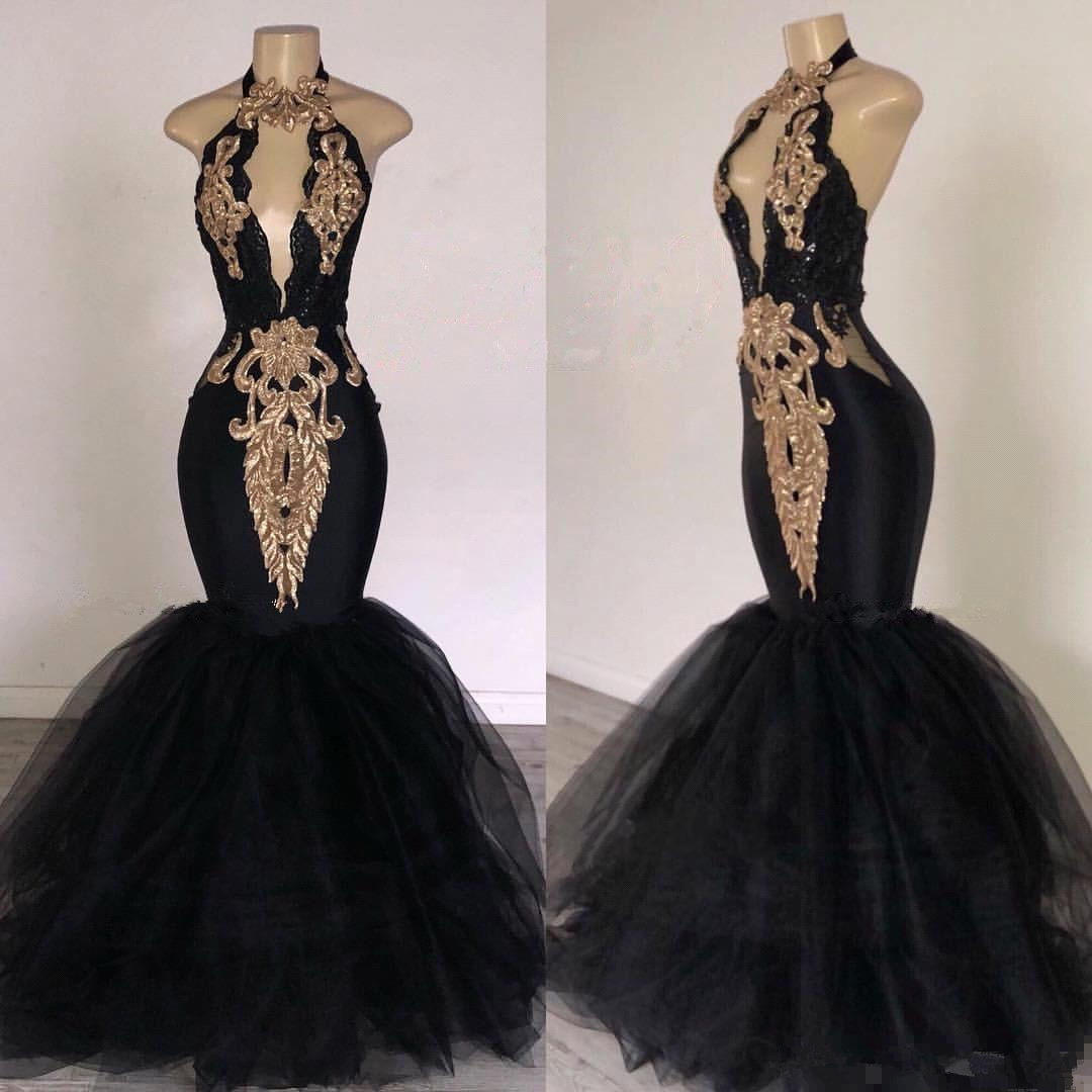 african mermaid prom dresses gold appliques halter keyhole neck evening gown plus size black girls party dress custom
