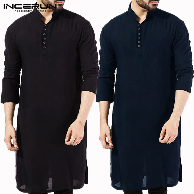 

INCERUN Casual Men Shirt Cotton Long Sleeve Stand Collar Vintage Solid Stitched Long Tops Indian Kurta Suit Pakistani Shirt 5XL, White;black