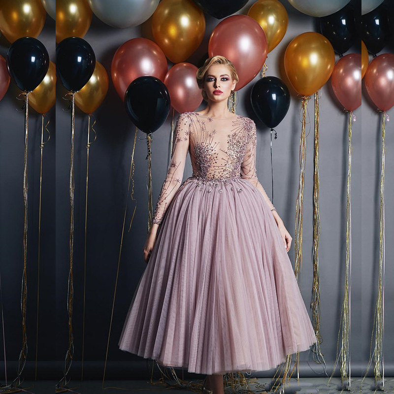 Stunning A Line Beaded Prom Dresses Sheer Jewel Neck Beaded Sequined Appliqued Evening Gowns Tulle Tea Length Long Sleeves Formal Dress, Blue
Stunning A Line Beaded Prom Dresses Sheer Jewel Neck Beaded Sequined Appliqued Evening Gowns Tulle Tea Length Long Sleeves Formal Dress, Blue