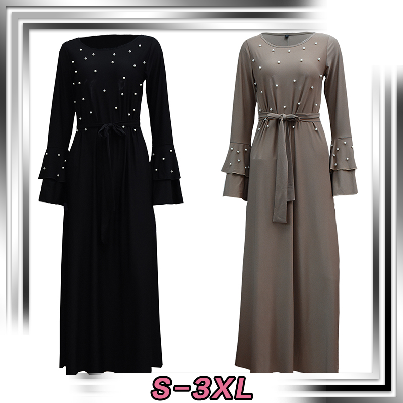 European and American Muslim multilayer trumpet sleeve fashion beaded tie slim long sleeve dress 6051
European and American Muslim multilayer trumpet sleeve fashion beaded tie slim long sleeve dress 6051