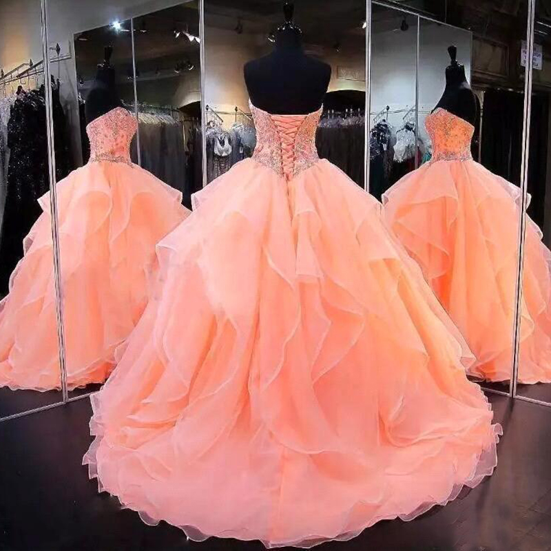 Glamorous Coral Ball Gown Quinceanera Dresses Sweetheart Sweet 16 Princess Ruched Organza Floor Length Corset Back Pageant Gowns