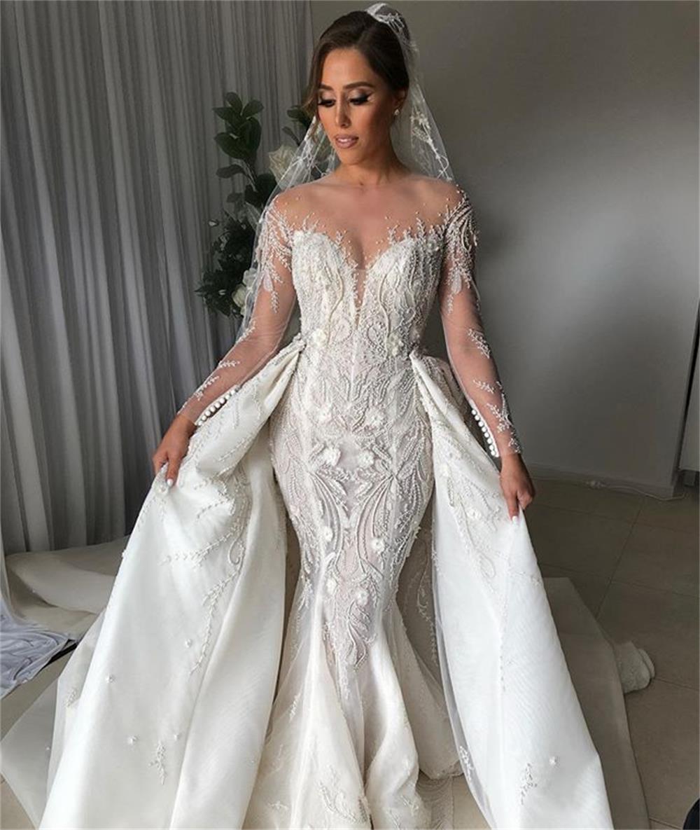 Gorgeous 2020 Wedding Dresses With Detachable Train Beads Appliques Long Sleeve Mermaid Wedding Dress Jewel Neck Custom Made Robe De Mariee