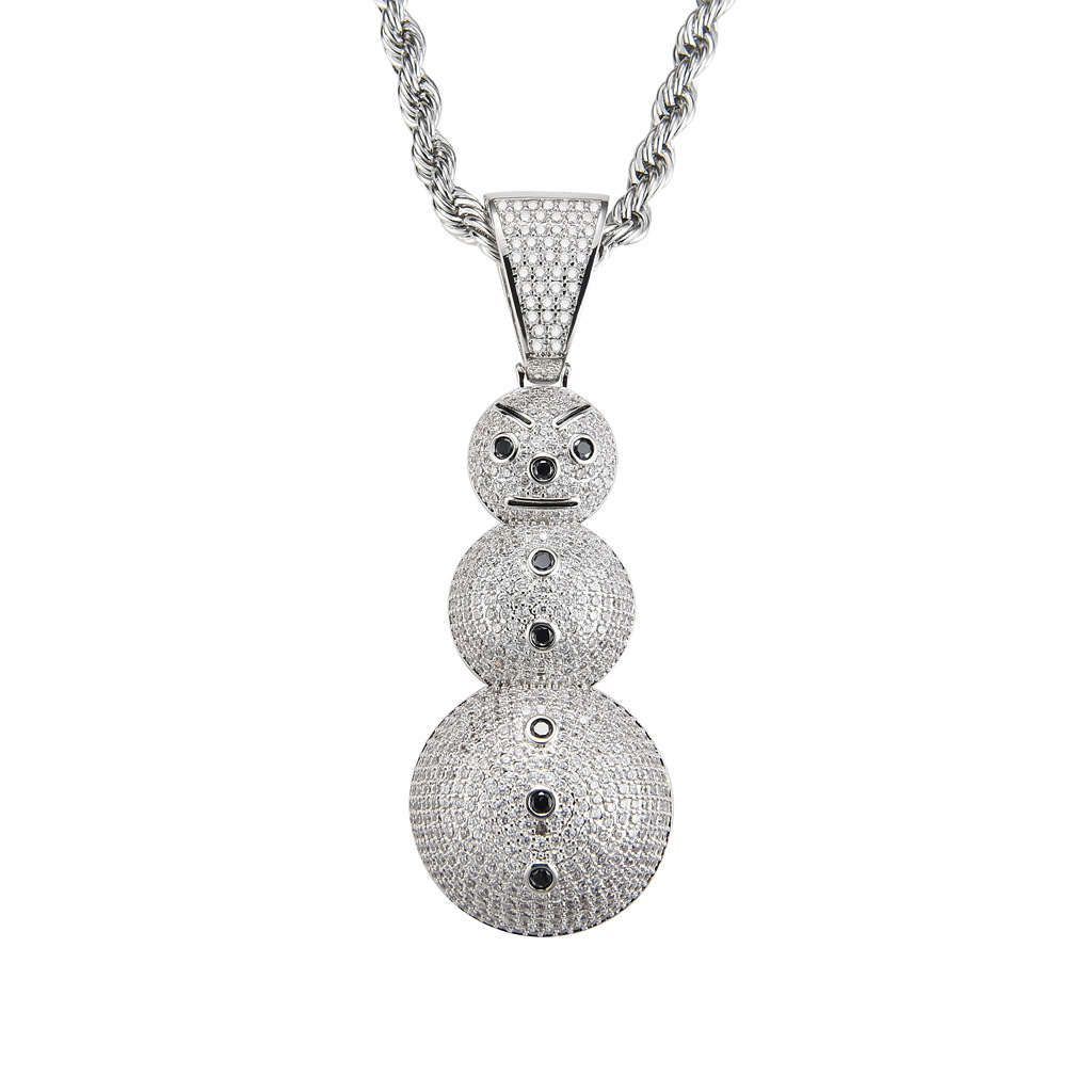 New 18K Gold Plated Ice Out Full CZ Cubic Zirconia Christmas Snowman Pendant Necklace Twist Chain Hip Hop Jewelry Gifts for Men and Women