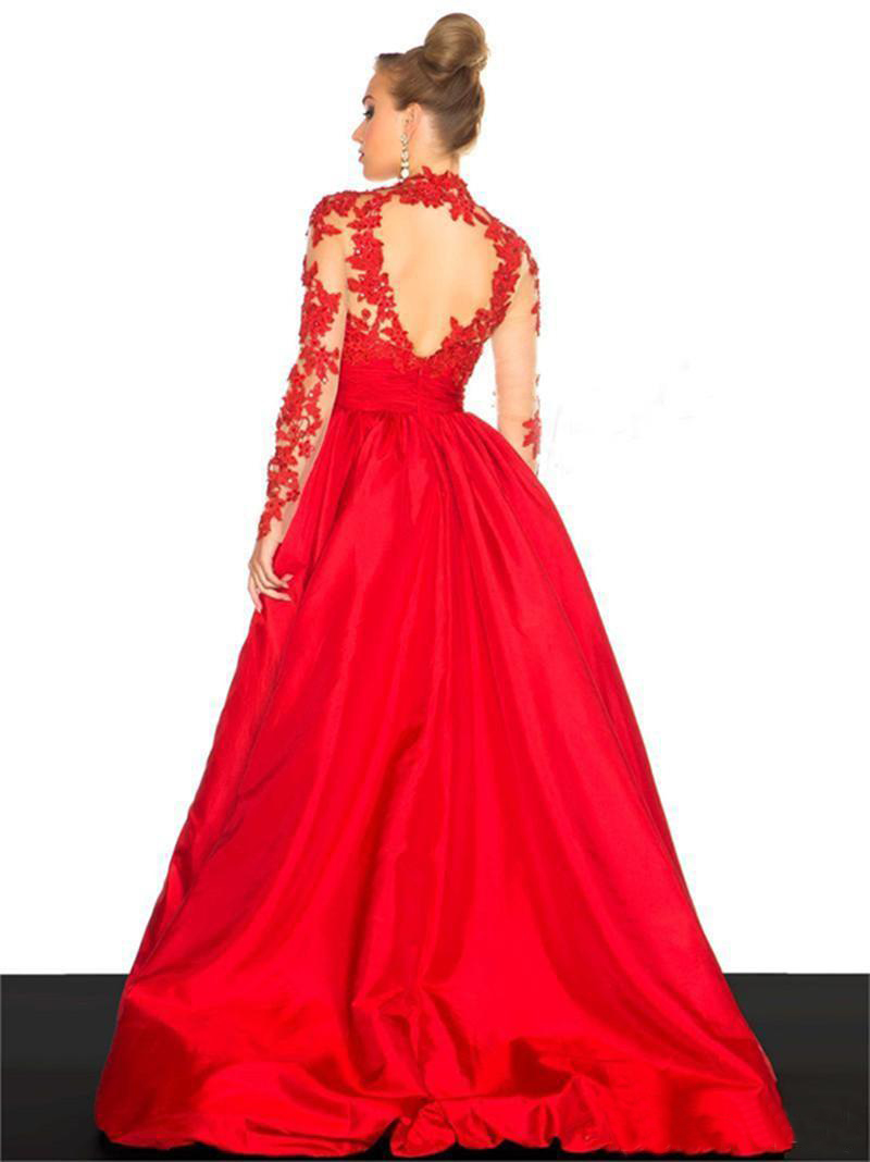 Sheer Style Red Prom Dresses Long High Neck Lace Taffeta A-Line Applique Long Sleeve Backless Formal Evening Gowns Hot Sales Custom