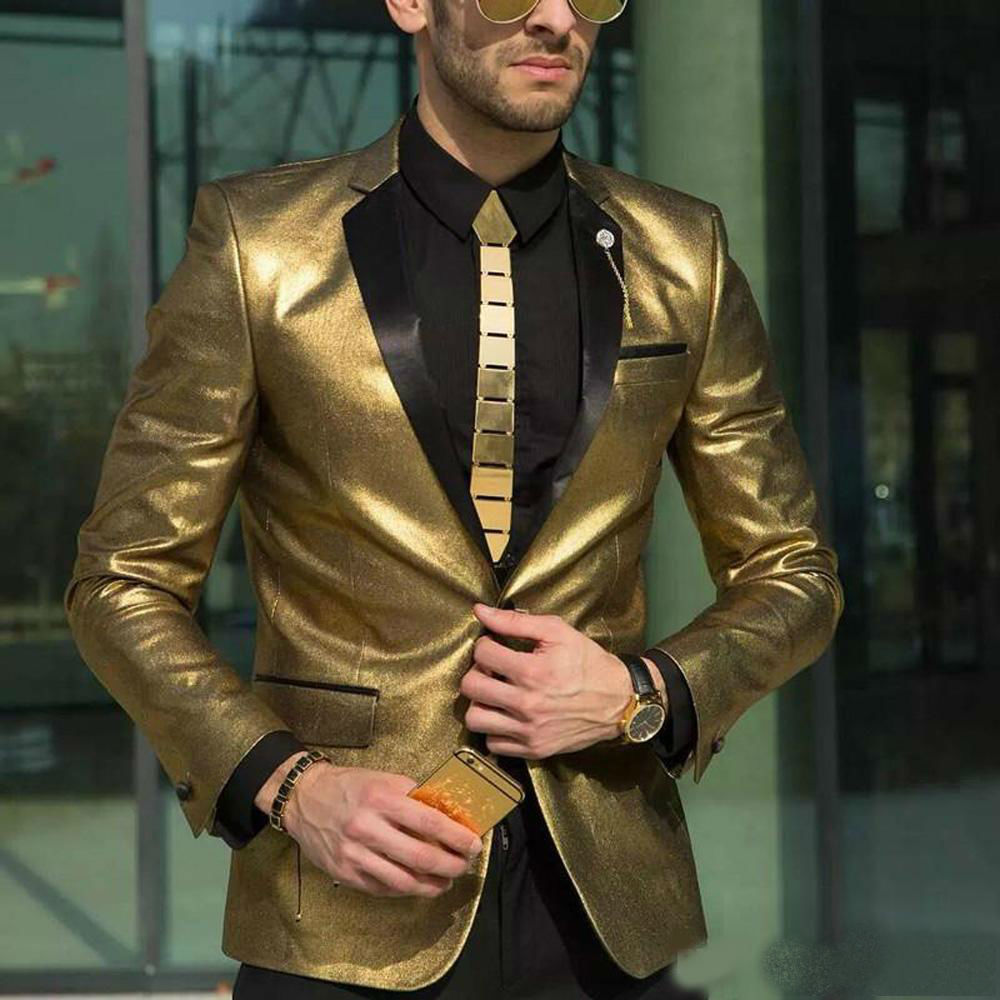 Newest Shining Gold Wedding Suits for Men Cheap Tuxedos Slim Fit Bridegroom Wear Best Mens Suits Custom Made(Jacket+Pant)