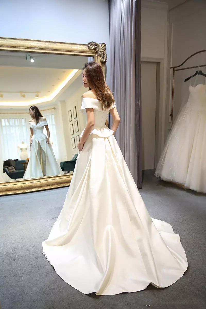 Simple Custom Made Off Shoulder Short Sleeves Bridal Jumpsuits Pants Overskirt Wedding Gowns Formal Guest Dresses 38 0510