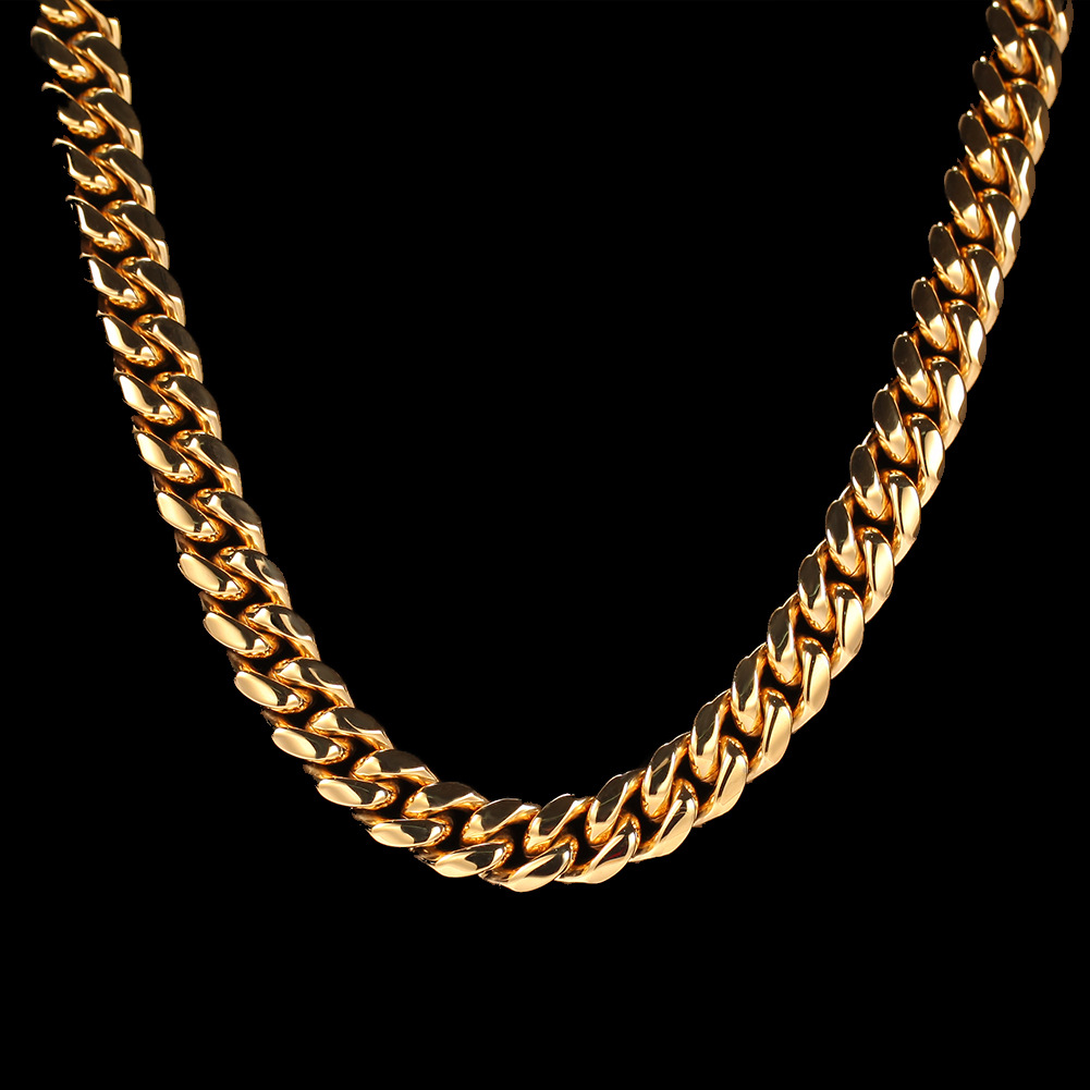 18k Gold Plated Tone Stainless Steel Mens Necklace Chains Curb Cuban Link Chain with Diamond Iced Out Keylock Buckle Hip Hop Fashi