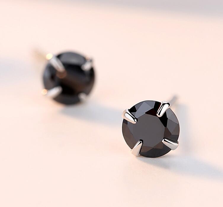 Simple Fashion Jewelry 925 Sterling Silver Black Sapphire CZ Diamond Gemstones Solitaire Women Wedding Party Men Stud Earring