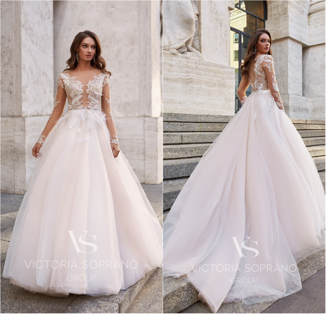 2020 Long Sleeve Wedding Dresses Lace Applique Feather A Line Beach Wedding Dress Sweep Train Bridal Gowns Robes De Mariée