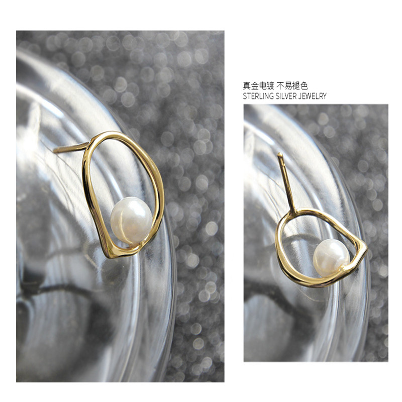 100% 925 Sterling Silver Hollow Irregular Geometric Circle Pearl Stud Earrings For Women New Wedding Party Gifts 18k Gold Color