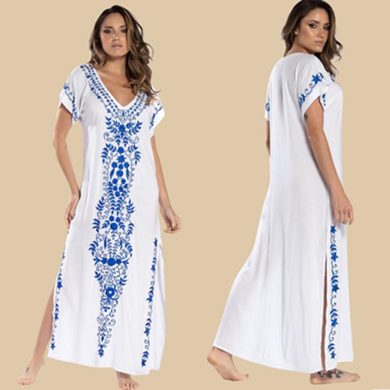 Retro Blue And White China Embroidered Cover Up Plus Size Short Sleeve Side Fork Summer Beach Dress Cotton Kaftan Robe De Plage
Retro Blue And White China Embroidered Cover Up Plus Size Short Sleeve Side Fork Summer Beach Dress Cotton Kaftan Robe De Plage