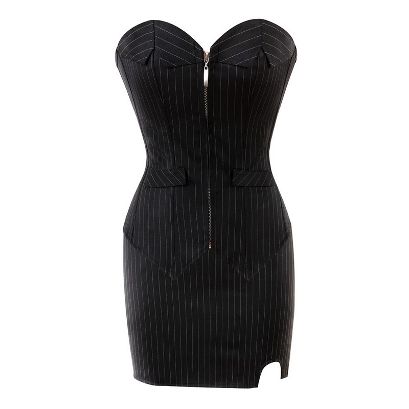 Black Striped Suit Style Corset Dress Women Nightout Club Wear Overbust Zipper Bustier Plus Size S-6XL Corset Costume
