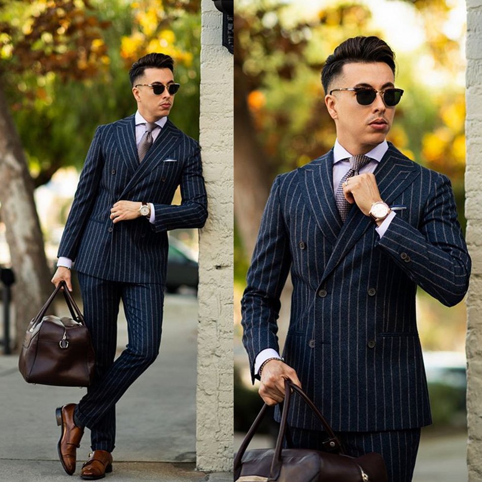 Pinstripe Two Pieces Groom Suit Mens Suit New Fashion Wedding Suits For Best High Quality Costumes De Mariage Pour Hommes