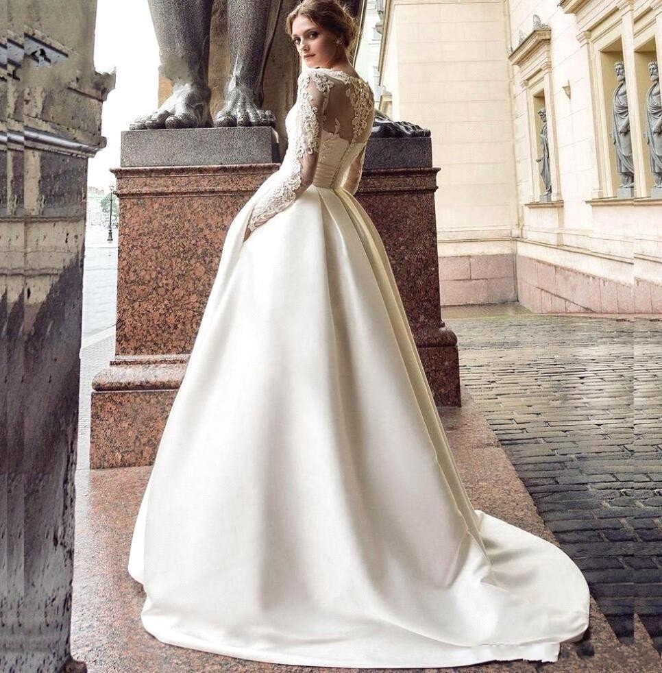 Sleeve Long Satin A E Wedding Dress With Pockets Appliqued Lace Sweep Train Bridal Gowns ppliqued