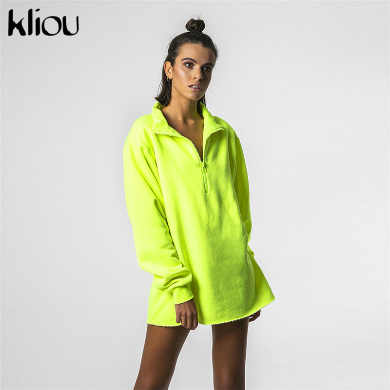 Kliou 2019 New Women Full Sleeve Zipper Fly Turtleneck Loose Sweatshirts Long Length Workout Street Hoodies Casual Pullovers C19041102