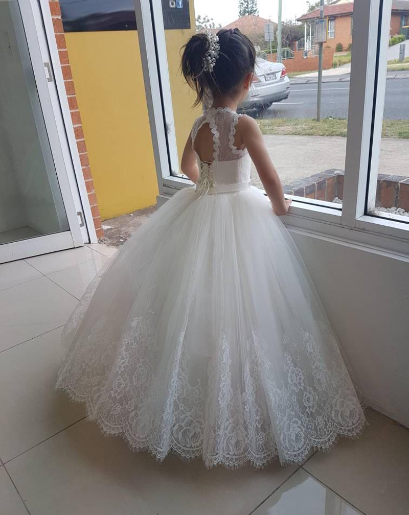 Ivory Flower Girls Dresses Lace Girls Wedding Party Dress Ball Gown Summer Pleats Tulle with Lace Applique Lace-up back