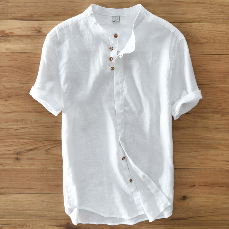 with a Men's short sleeve white navy khaki stand collor linen casual shirts solid summer shirt for men 
with a Men's short sleeve white navy khaki stand collor linen casual shirts solid summer shirt for men