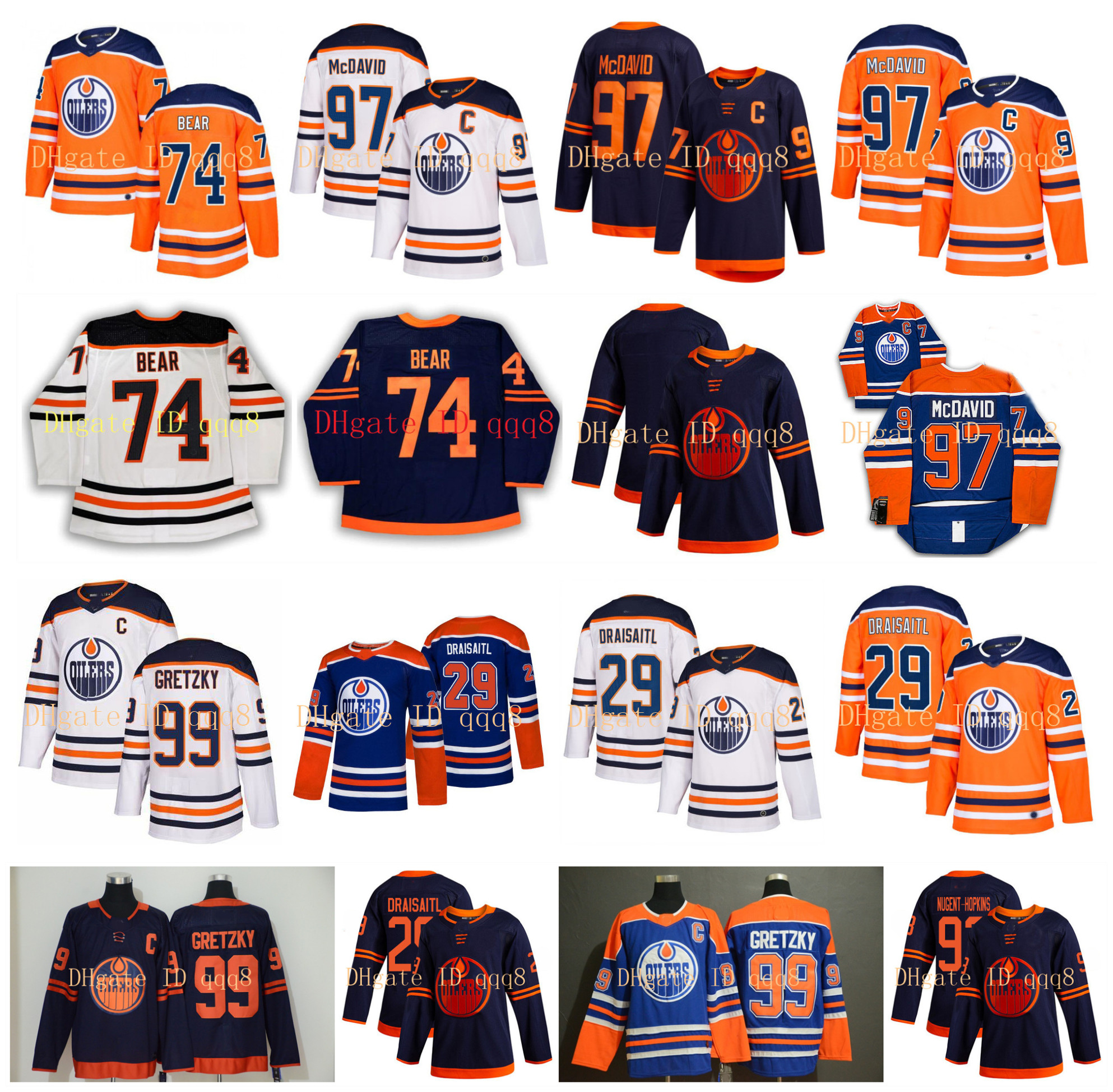 Edmonton Oilers Jersey 97 Connor McDavid 74 Ethan Bear 99 Wayne Gretzky 29 Leon Draisaitl 93 Ryan Nugent-Hopkins White Blue Orange Hockey, Black;red
Edmonton Oilers Jersey 97 Connor McDavid 74 Ethan Bear 99 Wayne Gretzky 29 Leon Draisaitl 93 Ryan Nugent-Hopkins White Blue Orange Hockey, Black;red