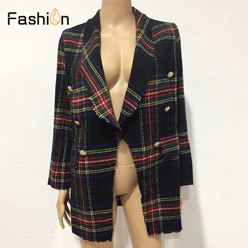 Wholesale-Vintage Double Breasted Coats Frayed Checked Tweed Blazers Coat Women Pockets Blazer Plaid Ladies Outerwear Casual Casaco Femme