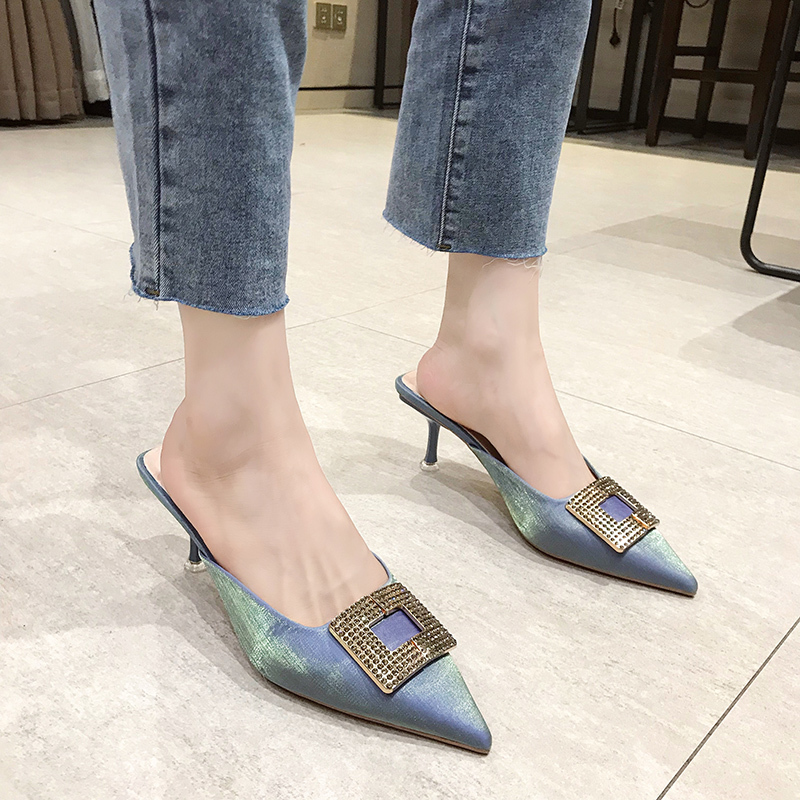 Crystal Buckle High Heel Slippers Women Silk Mules Shoes Summer Fashion Thin Heel Sandals Women Shiny Pointed Toe Slippers, Black
Crystal Buckle High Heel Slippers Women Silk Mules Shoes Summer Fashion Thin Heel Sandals Women Shiny Pointed Toe Slippers, Black